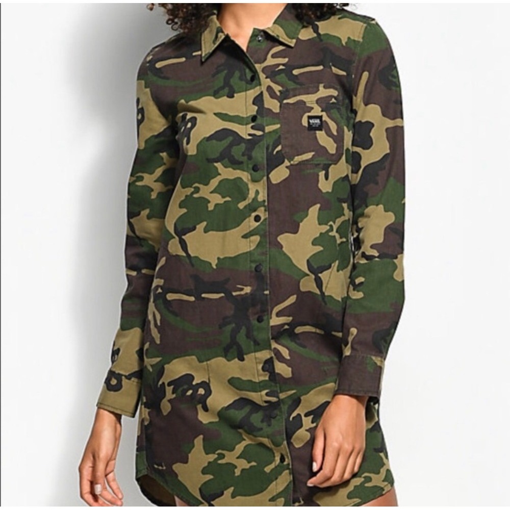 Vans Camo Shirt Dress Womens Small Green‎ Camouflage Canvas Longline Utility